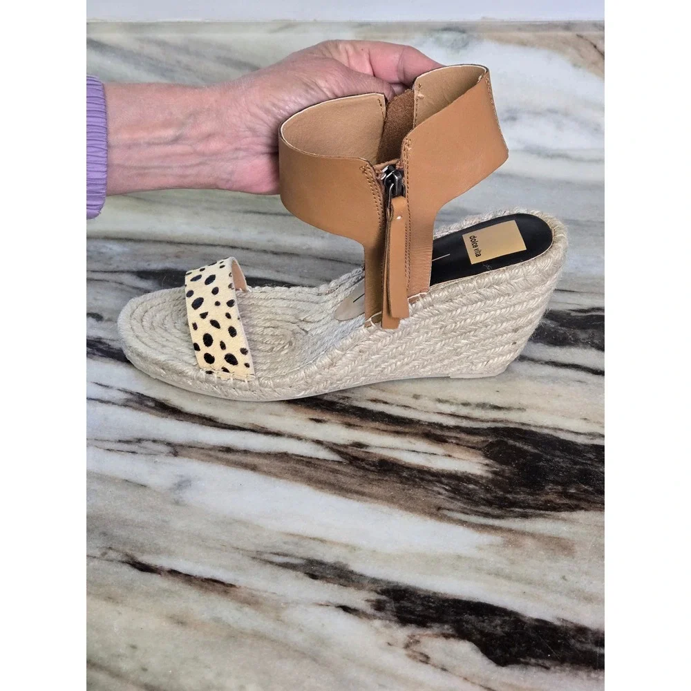 Dolce Vita Cheetah Print‎ Calf Hair Espadrille Wedge Sandals Tan Leather Ankle 9